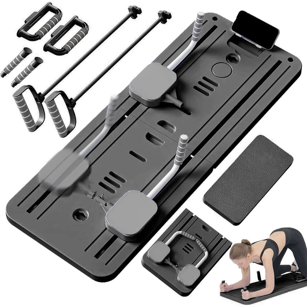 8-in-1 foldable Pilates board with resistance bands and kneeling mat for full body home fitness workouts.