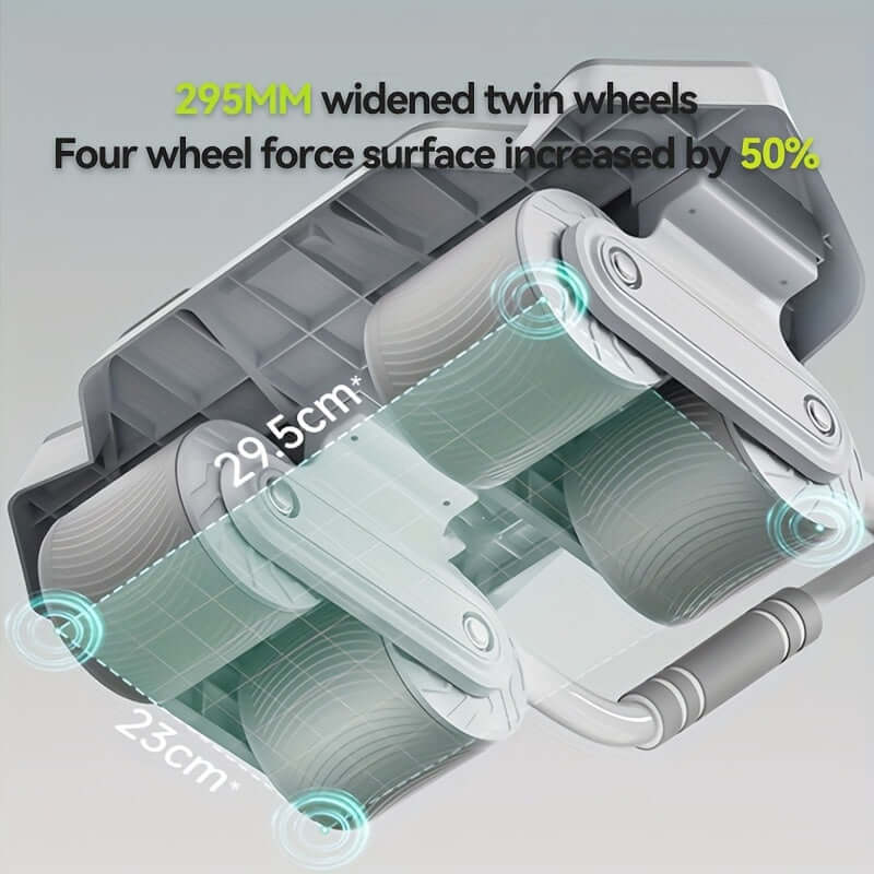 4-wheel ab roller with elbow support showing 295MM widened twin wheels for enhanced stability and performance.