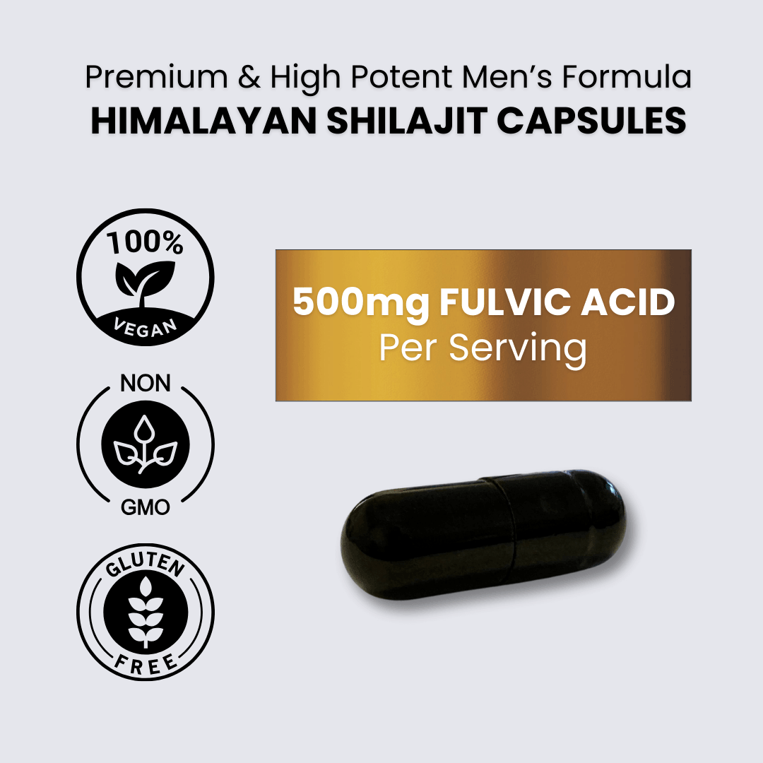 Men's Shilajit dietary supplement capsule featuring 500mg Fulvic Acid per serving, gluten-free and vegan.