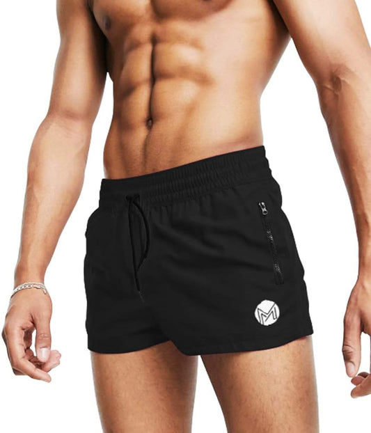 Men's MICOZIFY gym workout shorts in black, 3-inch length with zipper pockets, ideal for bodybuilding and running.
