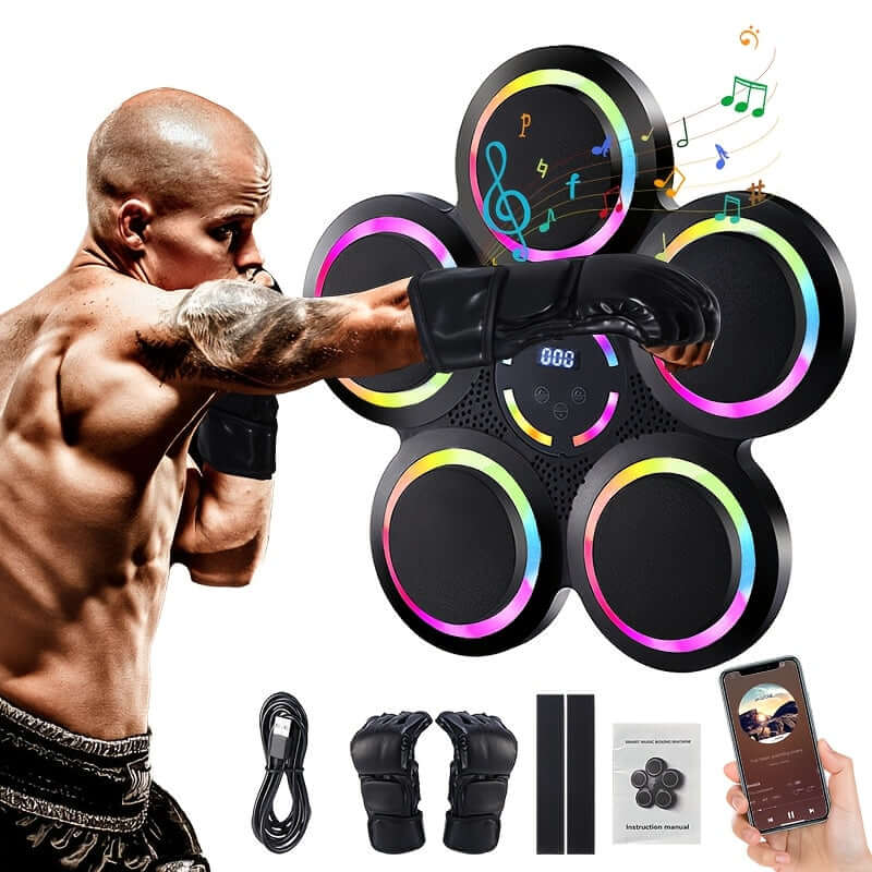 A person boxing using a 9-speed smart boxing machine with wireless music, showcasing fitness and workout features.