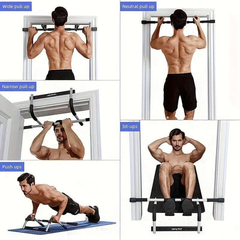 Image of a doorway stretch trainer showing exercises: wide pull up, narrow pull up, neutral pull up, push ups, and sit-ups.