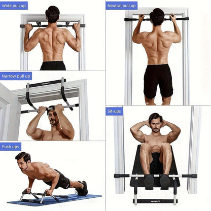 Image of a doorway stretch trainer showing exercises: wide pull up, narrow pull up, neutral pull up, push ups, and sit-ups.