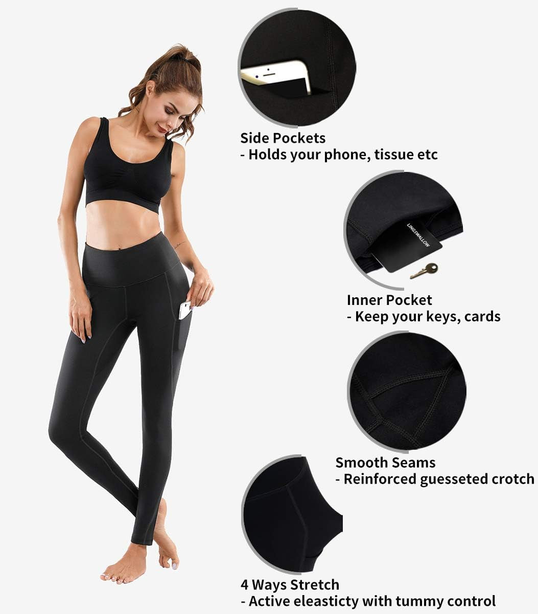 Lingswallow high waist yoga pants with pockets, tummy control, 4-way stretch for workout, running, and yoga activities.