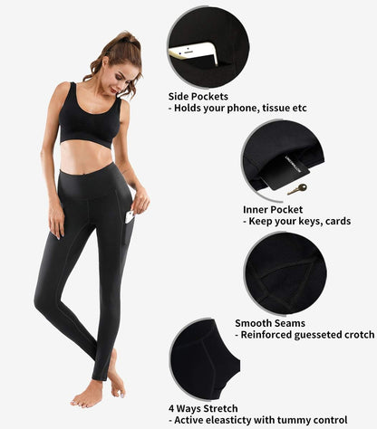 Lingswallow high waist yoga pants with pockets, tummy control, 4-way stretch for workout, running, and yoga activities.