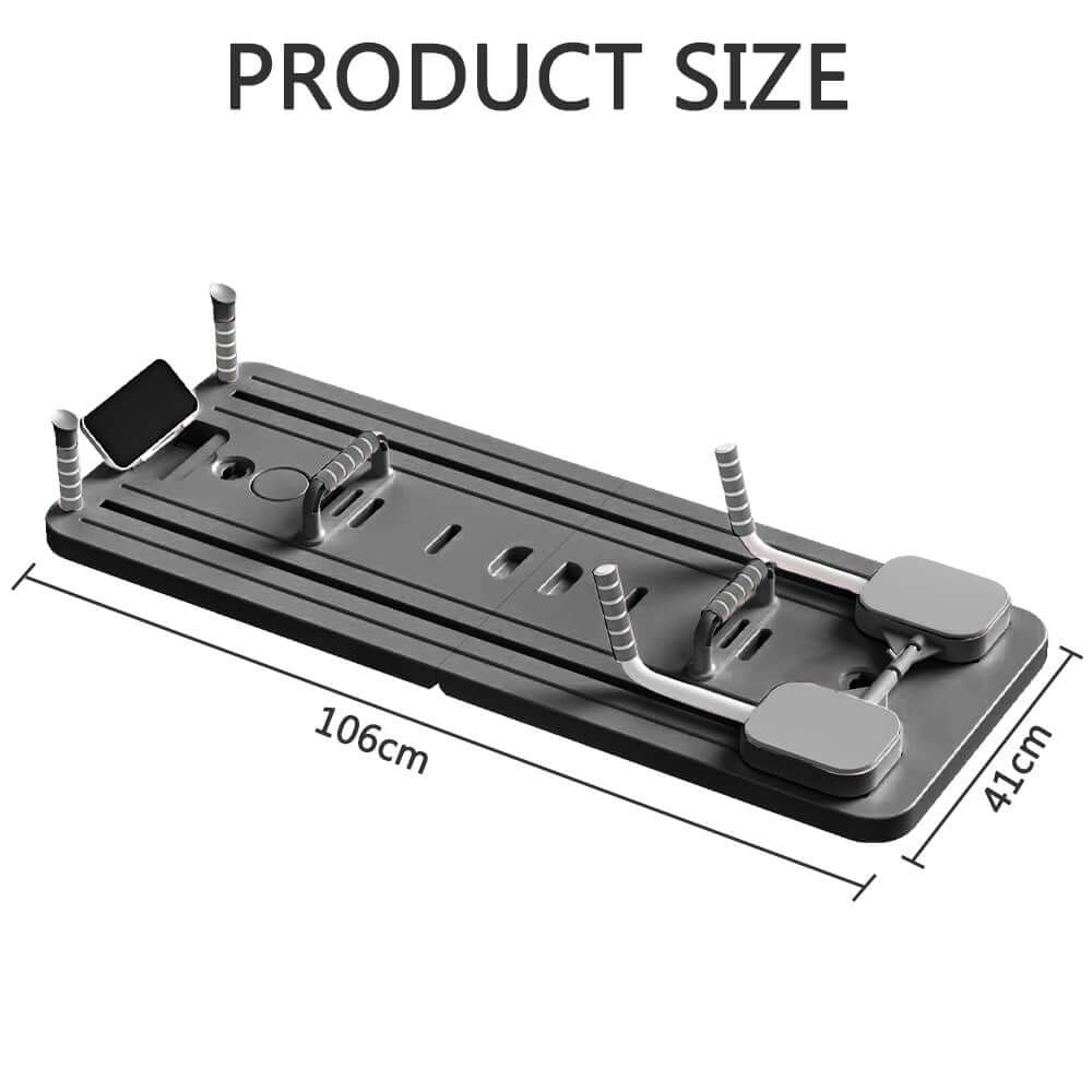 8-in-1 foldable Pilates board with resistance bands dimensions shown, suitable for home fitness and gym workouts.