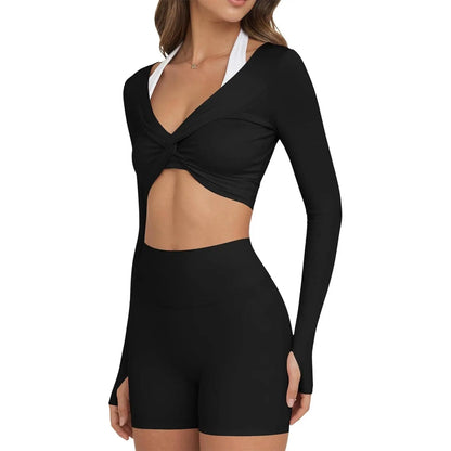 Yousify Womens Long Sleeve Workout Crop Tops Twist Deep V Neck Y2K Yoga Pilates Ballet T Shirt Top with Thumb Holes Active Tops Athletic Wear