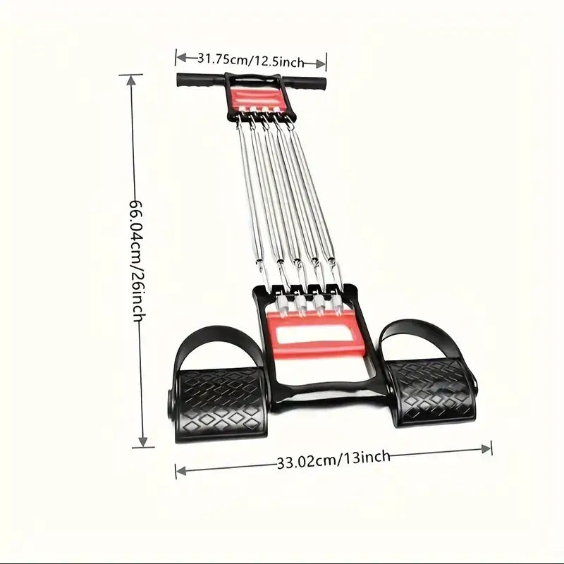 Adjustable fitness pedal puller dimensions showing stainless steel springs and foot pedals for effective workouts.