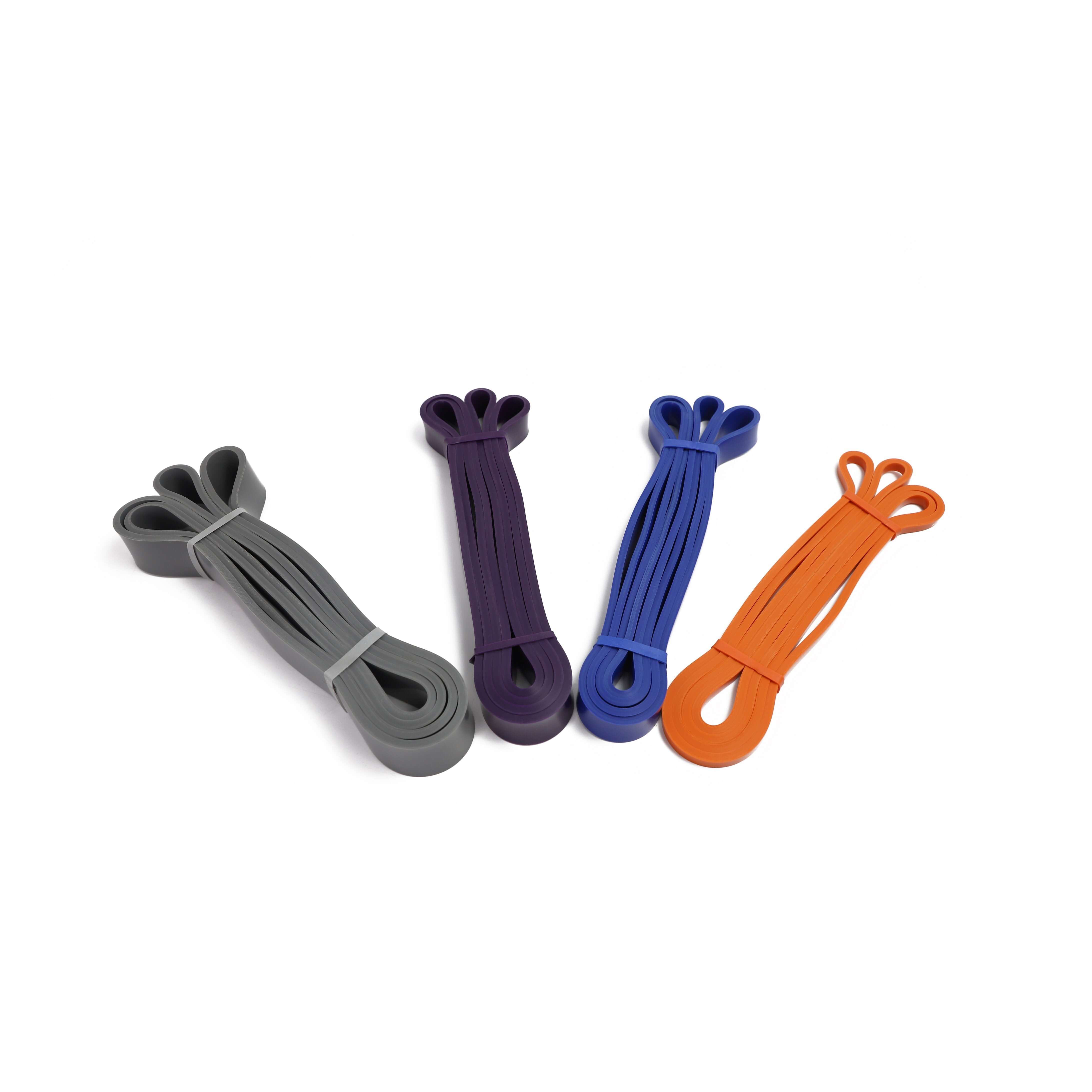 Maji Sports Pack of Four full body workout resistance bands in gray, purple, blue, and orange for versatile exercise routines.