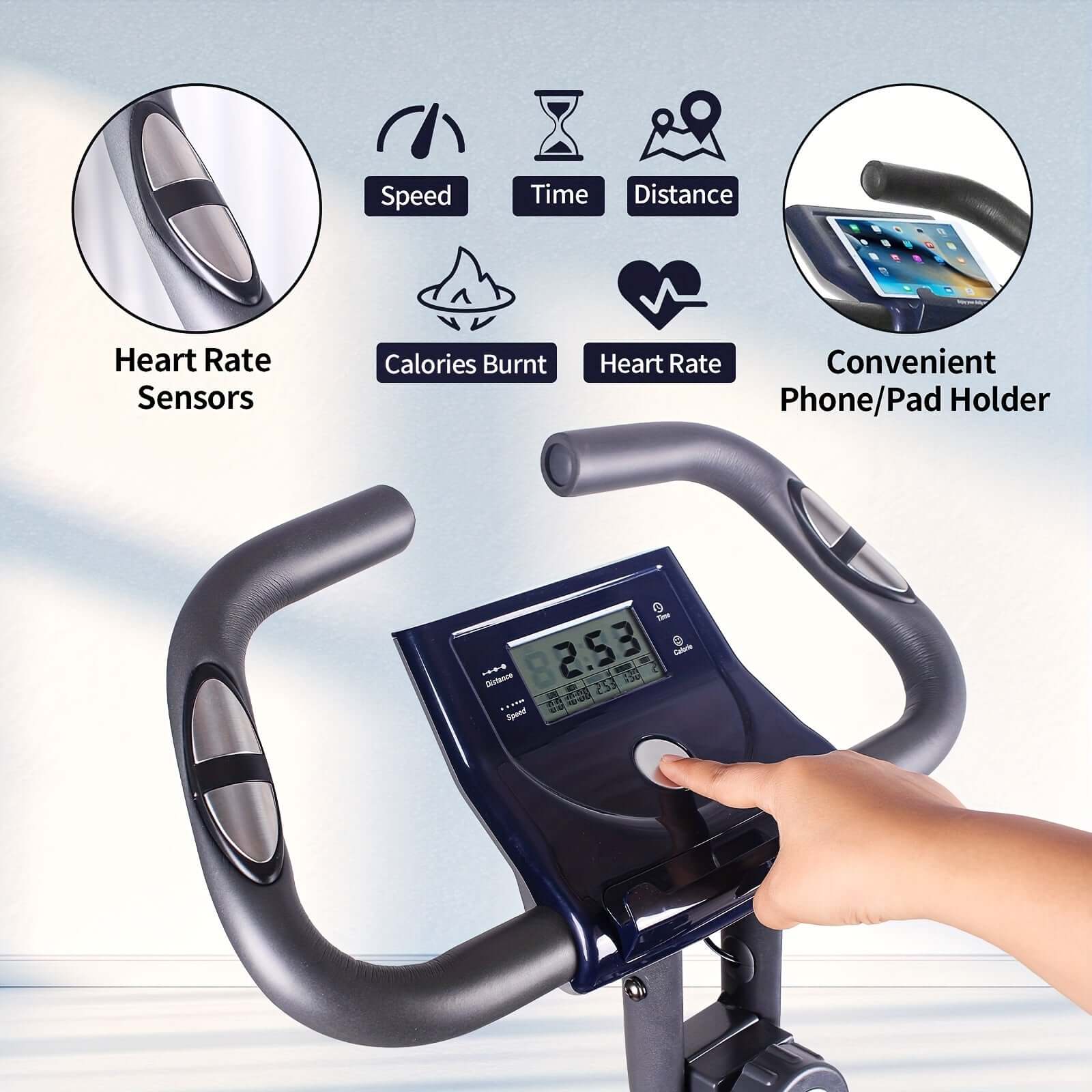 Ultra-Quiet Foldable X-Bike with Heart Rate Monitor & LCD Display(Blue)-4