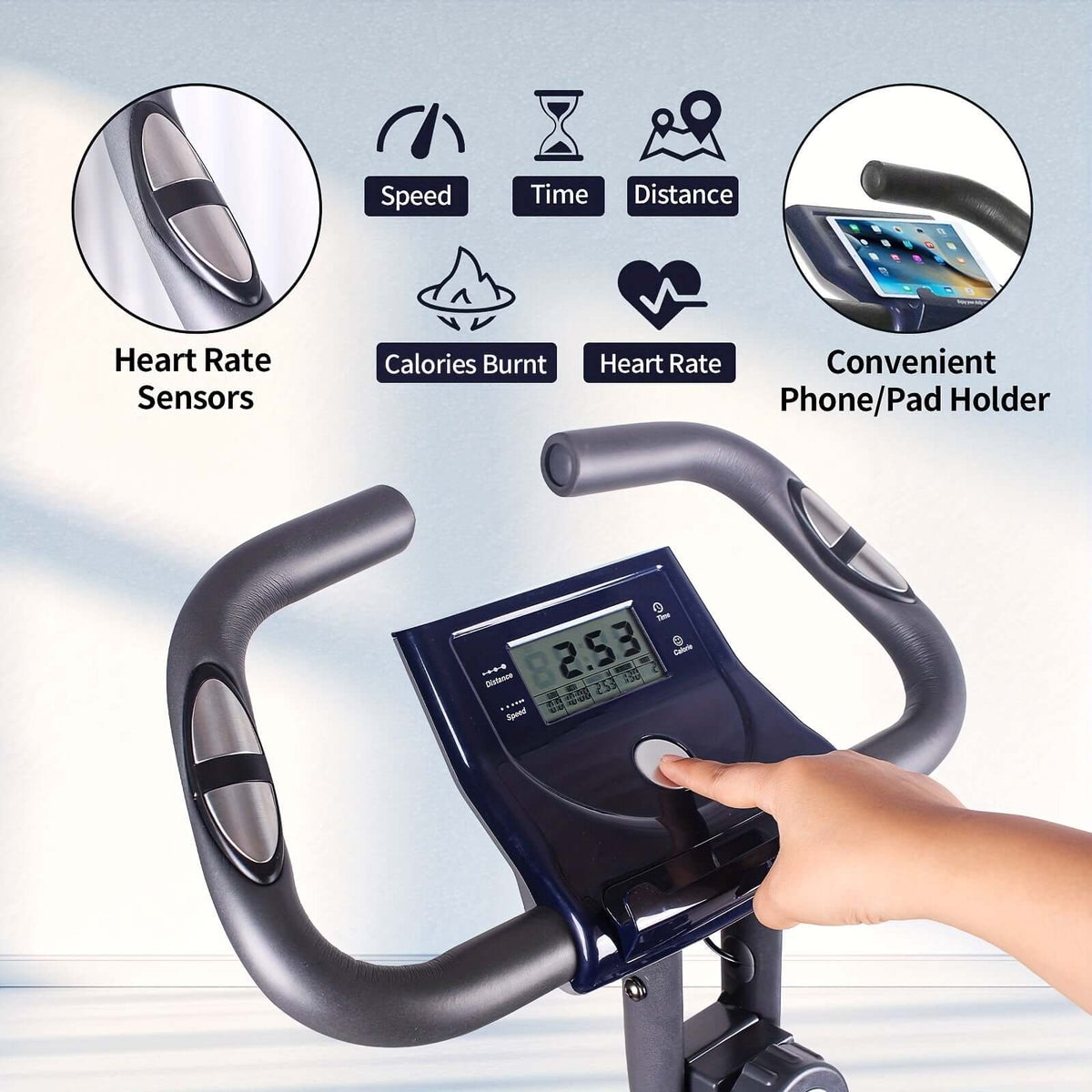 Control panel of foldable x-bike with heart rate monitor featuring LCD display and heart rate sensors.