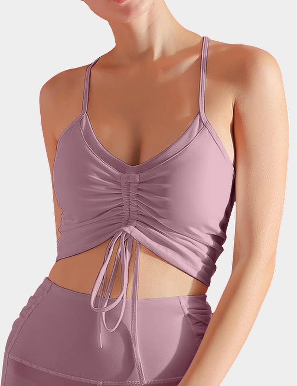 Women’s longline Tansuitme sports bra with thin straps, racerback yoga top, padded crop tank for gym and workout training.