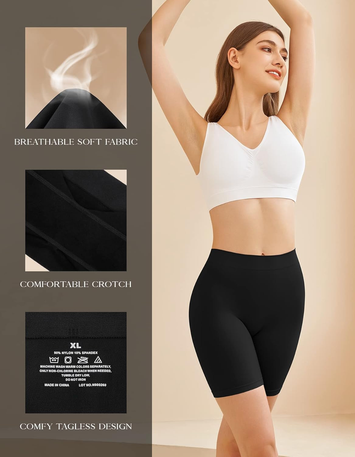 SIMIYA women's slip shorts for under dresses, seamless, smooth, comfortable stretch yoga and bike shorts, shown in neutral color.