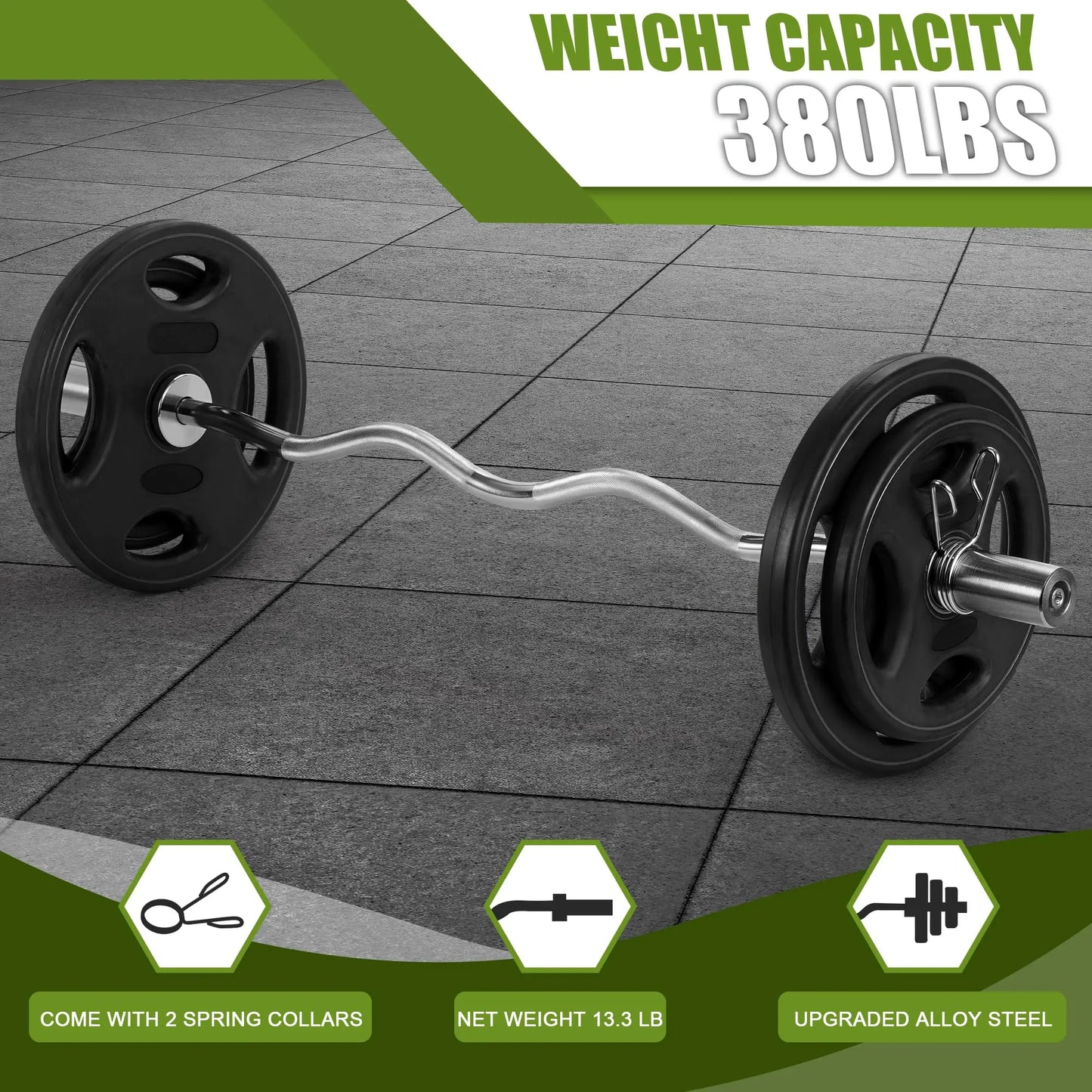 Fitness Essentials 47-inch Olympic EZ curl barbell with 380 lbs max load, wrist-friendly arm workout bar for strength training.