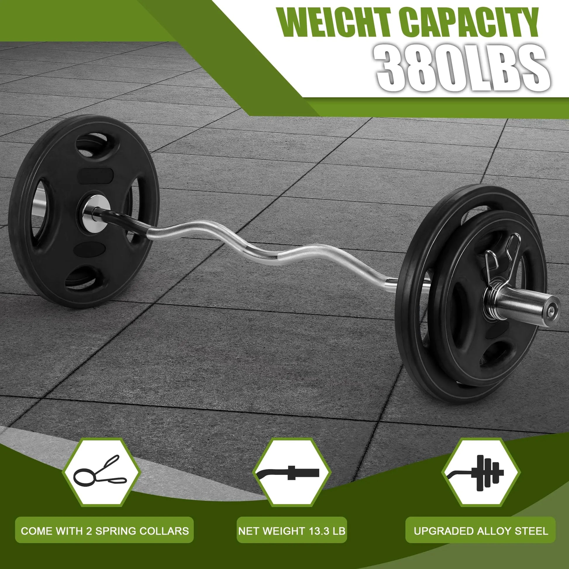 Fitness Essentials 47-inch Olympic EZ curl barbell with 380 lbs max load, wrist-friendly arm workout bar for strength training.
