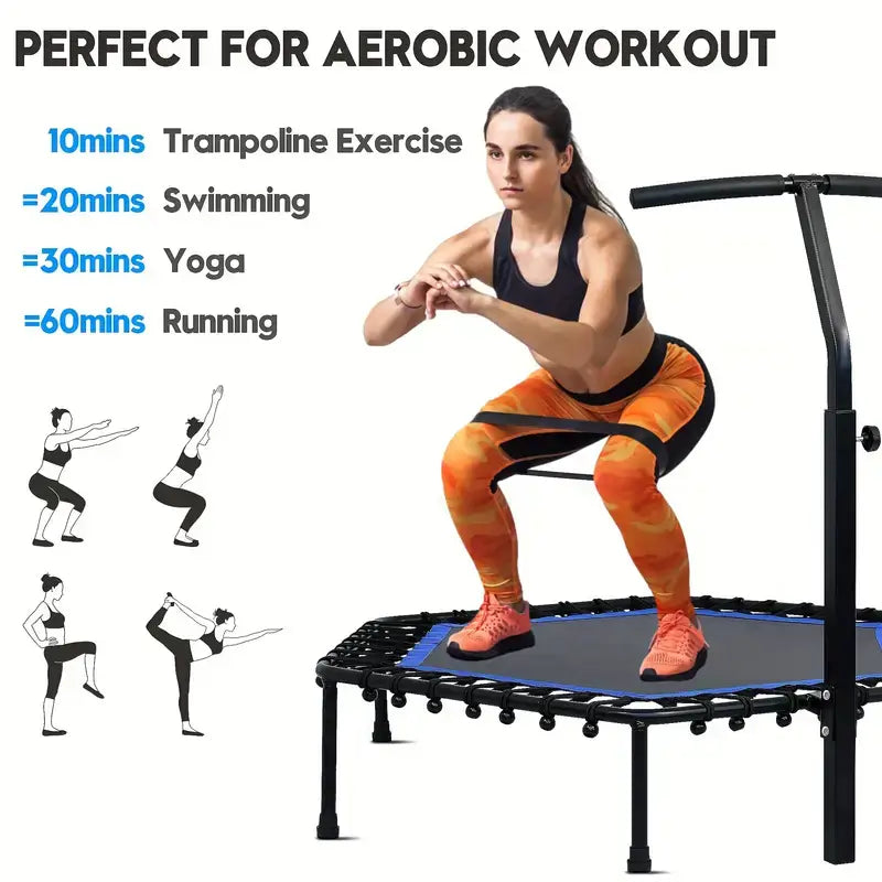 Woman exercising on adjustable handle bar mini trampoline, highlighting aerobic workout benefits and times for different exercises.