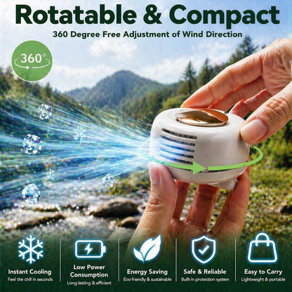 Brabantia portable clip-on bladeless fan with 360° rotation for hands-free cooling in outdoor settings.