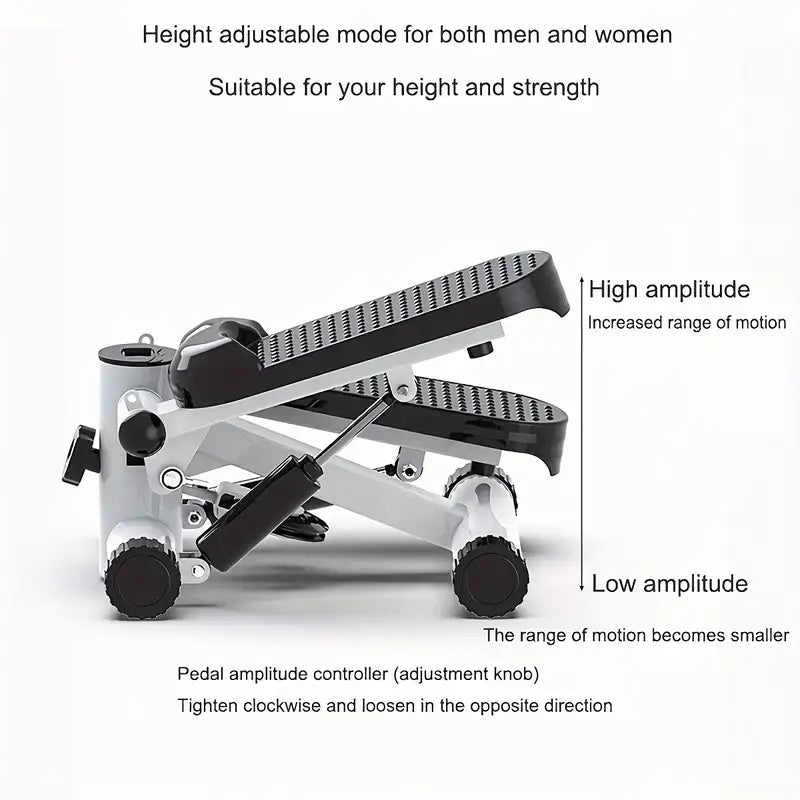 Height adjustable mini exercise stepper with resistance band suitable for various heights and strengths.