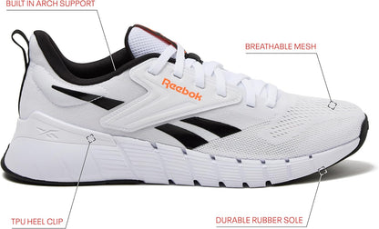 Reebok Nano Gym 1.0 men's athletic workout shoes with black and grey design, featuring supportive soles and breathable mesh upper.