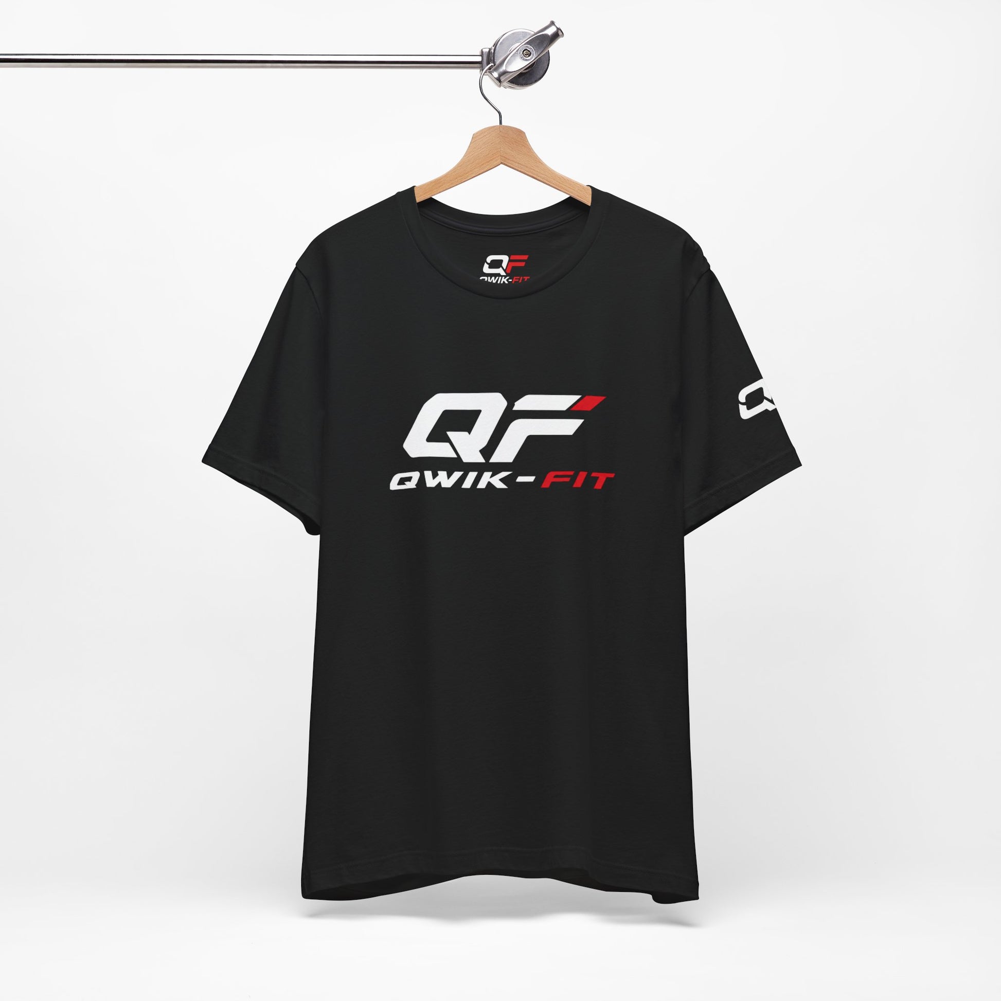 Printify Qwik-Fit Logo T-Shirt, performance short sleeve fitness tee with printed logo on front, black fabric.