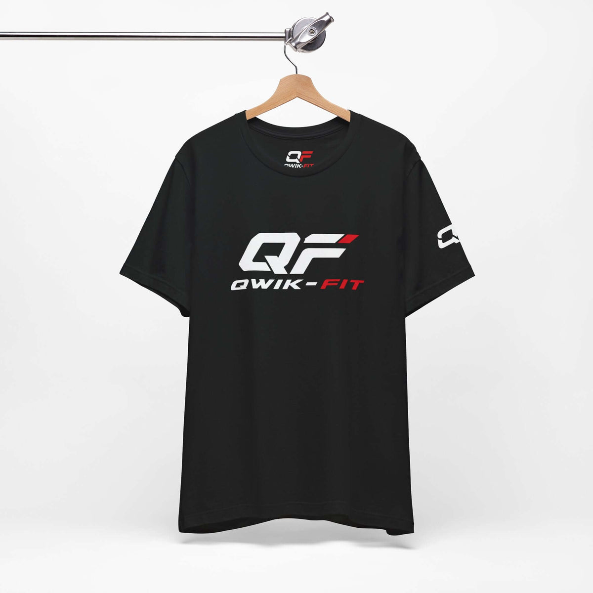 Black Performance Workout T-Shirt featuring QF QWIK-FIT logo on a hanger for active wear enthusiasts.