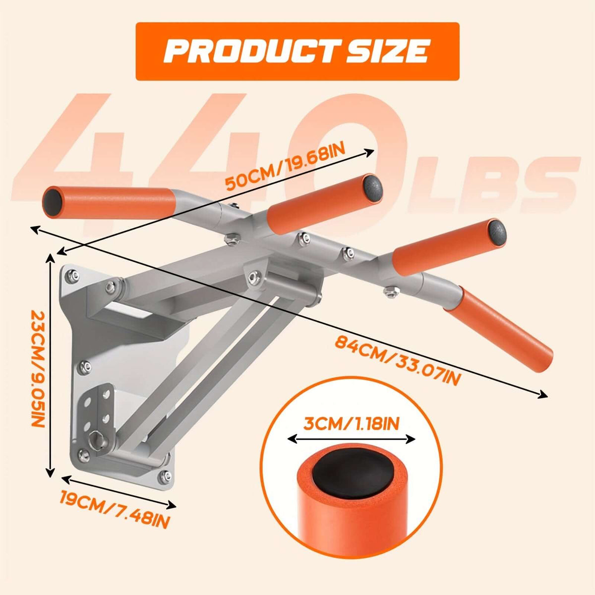 Product size diagram for wall mount pull-up bar, showcasing dimensions and weight capacity of 440 lbs.