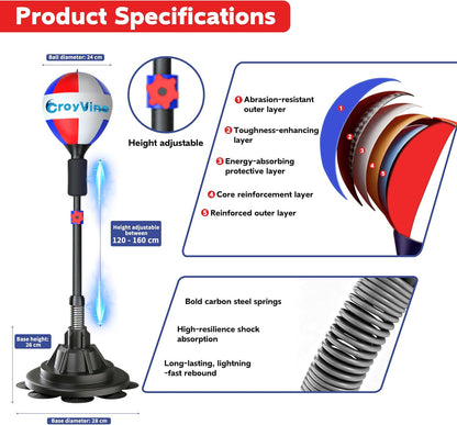 Product specifications for height adjustable reflex punching bag with durable materials and features for optimal training.