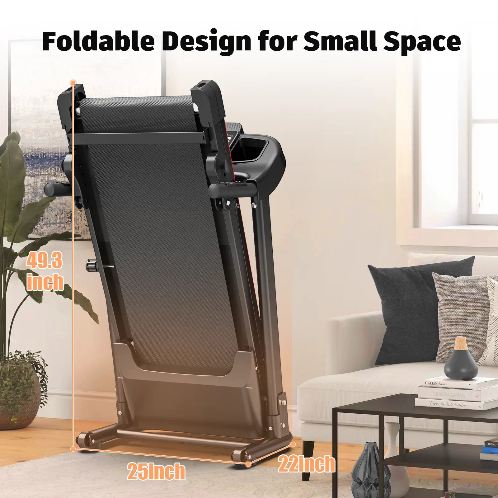 Fitness Essentials GORUN 8.5MPH folding treadmill with incline, shock-absorbing belt, Bluetooth, compact design for home gym use.