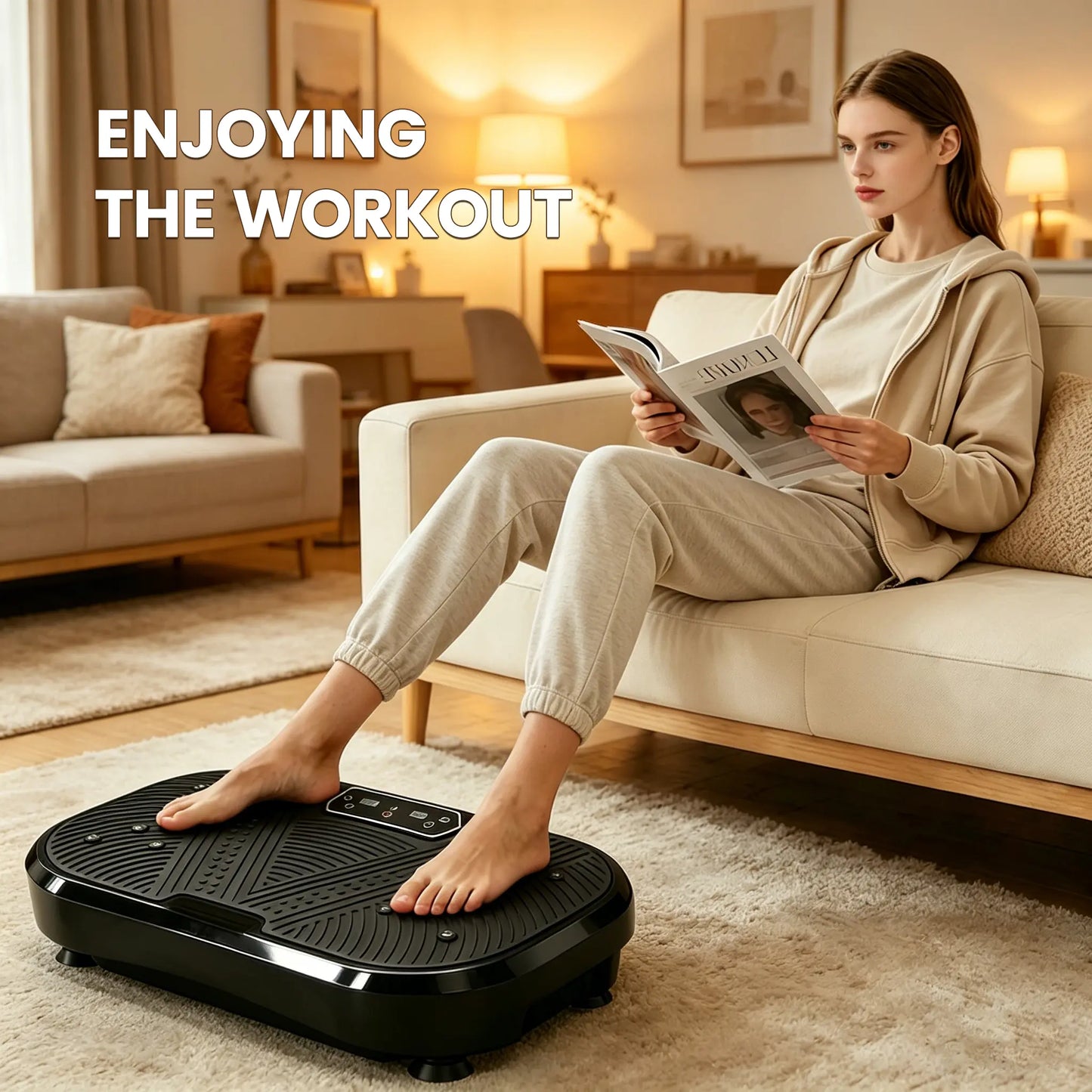 Fitness Essentials Ranbro vibration plate exercise machine with resistance bands, remote, and adjustable speed for full-body workouts.