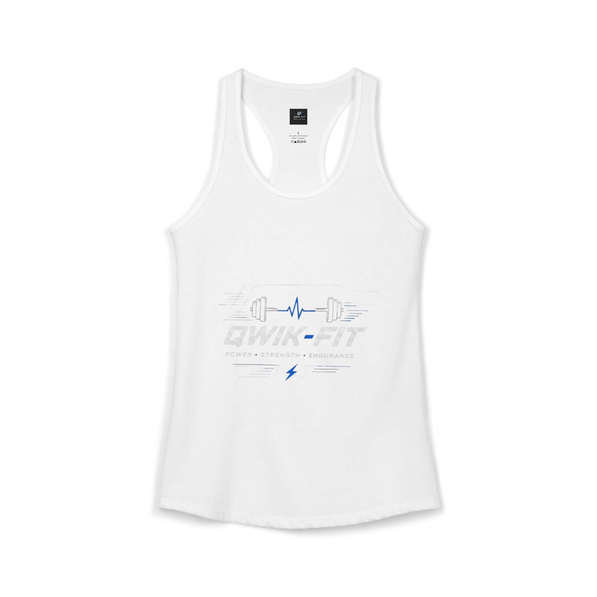 Women's white workout tank with racerback design, featuring QWIK-FIT logo, perfect for gym and casual wear.