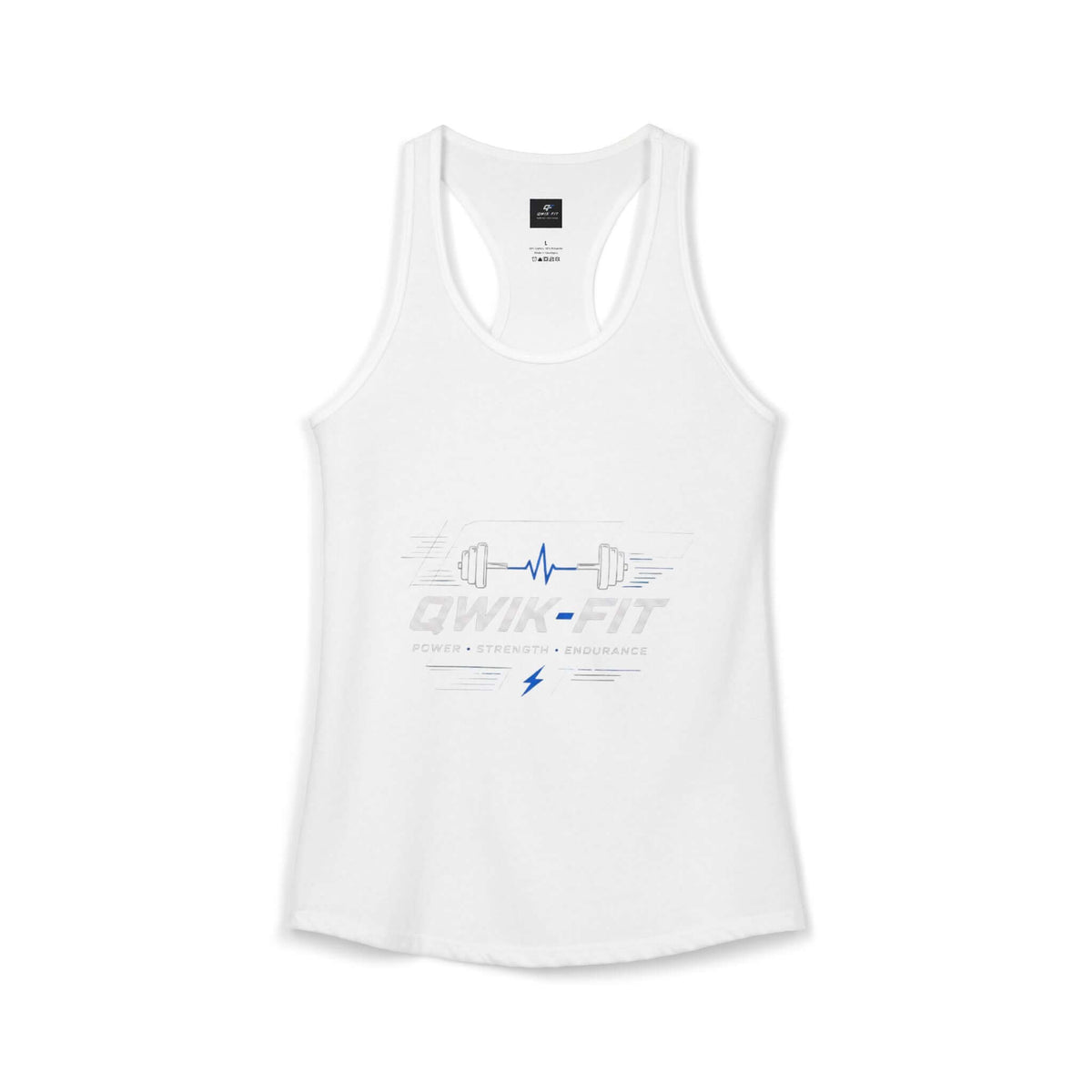Women's white workout tank with racerback design, featuring QWIK-FIT logo, perfect for gym and casual wear.