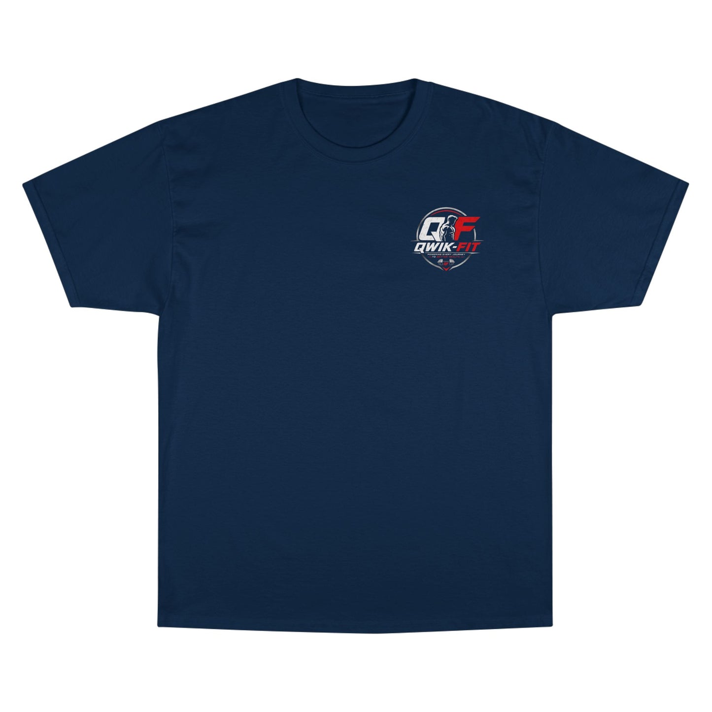 custom Champion t-shirt in navy color featuring iconic logo, lightweight unisex short-sleeve design.