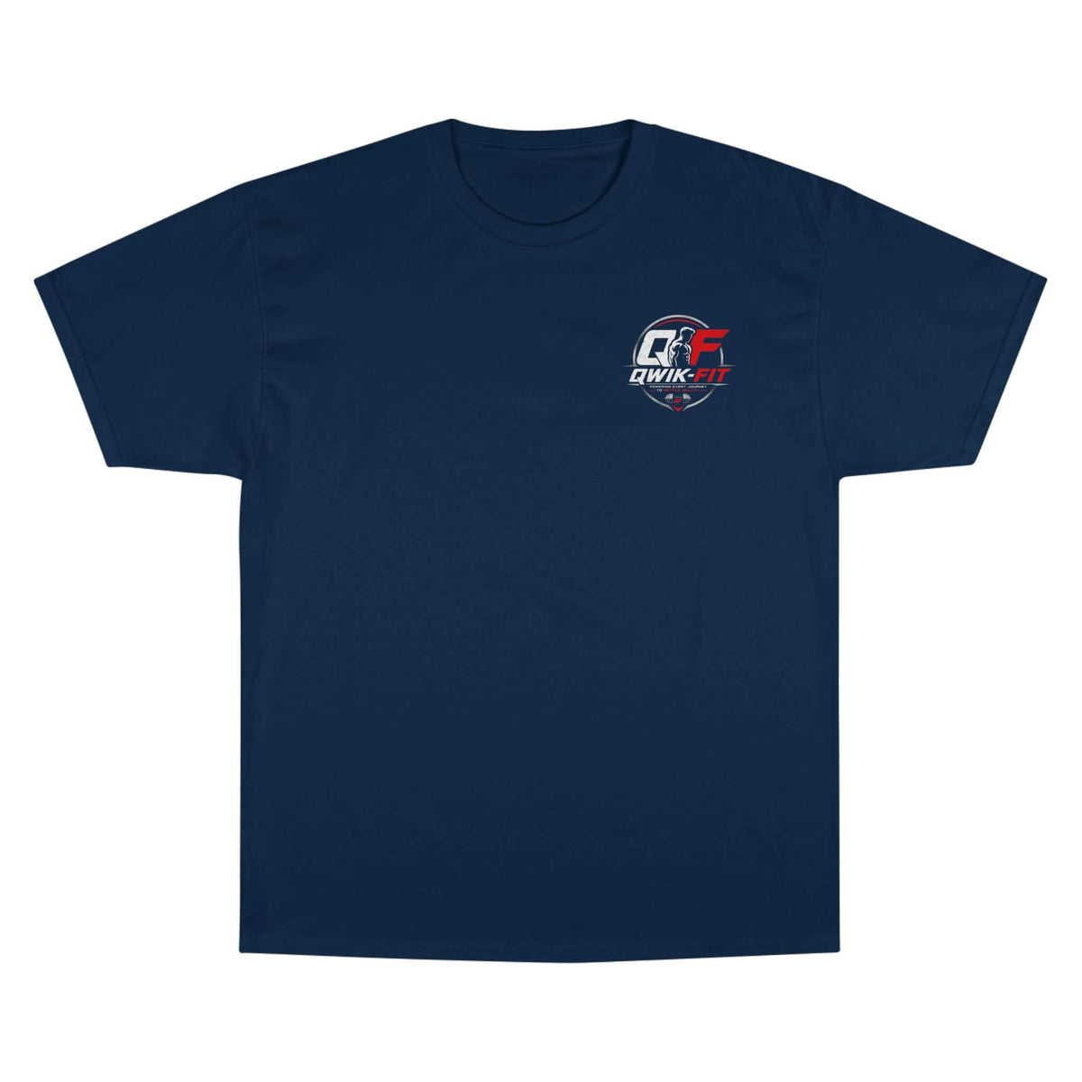 Champion fitness t-shirt in navy color featuring Qwik-Fit logo, perfect for workouts and casual athletic wear.