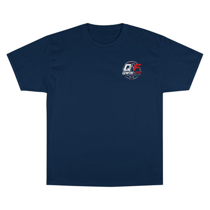 custom Champion t-shirt in navy color featuring iconic logo, lightweight unisex short-sleeve design.