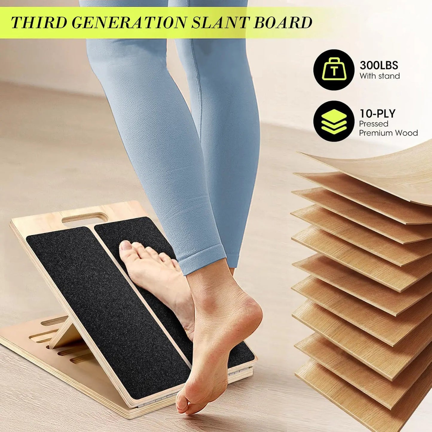Adjustable wooden slant board for calf stretching and leg exercises, with a sturdy design suitable for physical therapy and Pilates.