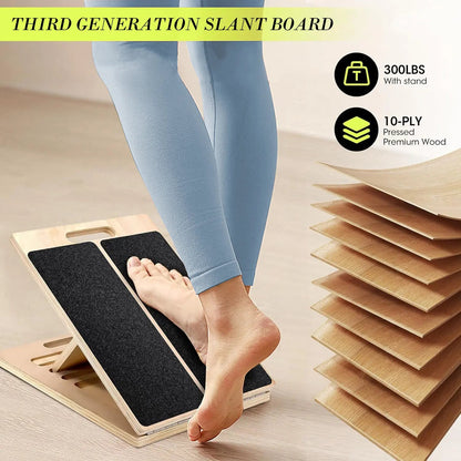 Adjustable wooden slant board for calf stretching and leg exercises, with a sturdy design suitable for physical therapy and Pilates.