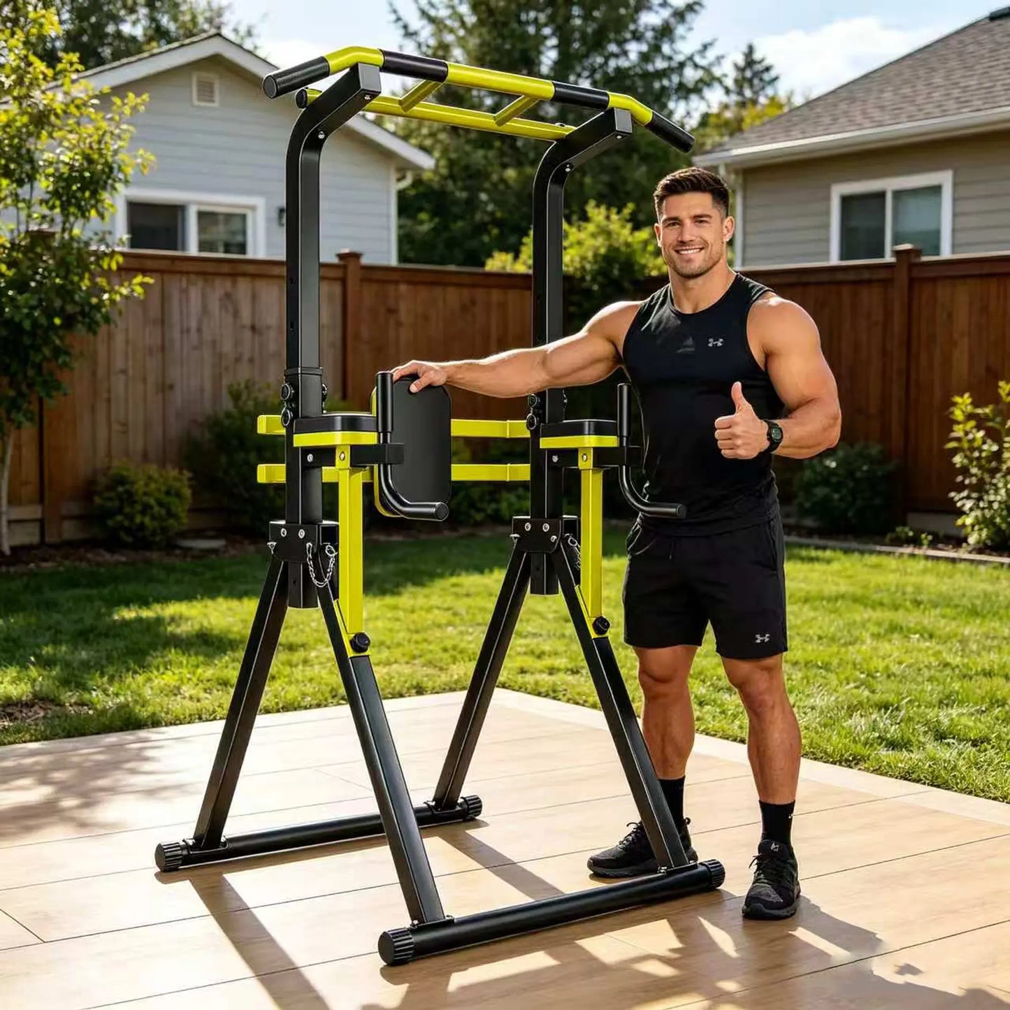 Fitness Essentials Power Tower pull-up bar with adjustable height, foldable design, heavy-duty frame, and multiple workout stations.