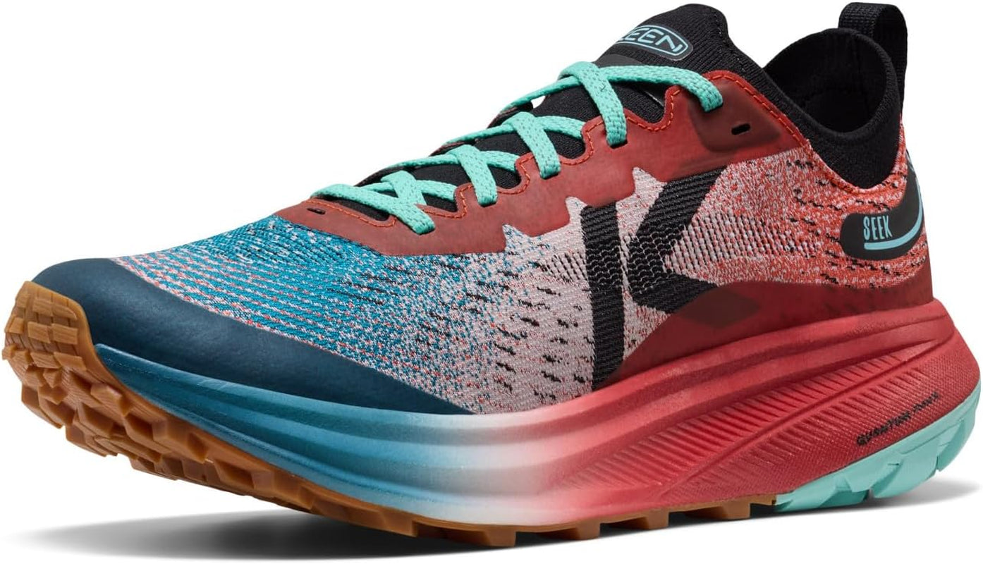 KEEN Seek trail running shoes in black with orange accents, featuring rugged soles and breathable mesh upper for outdoor running.