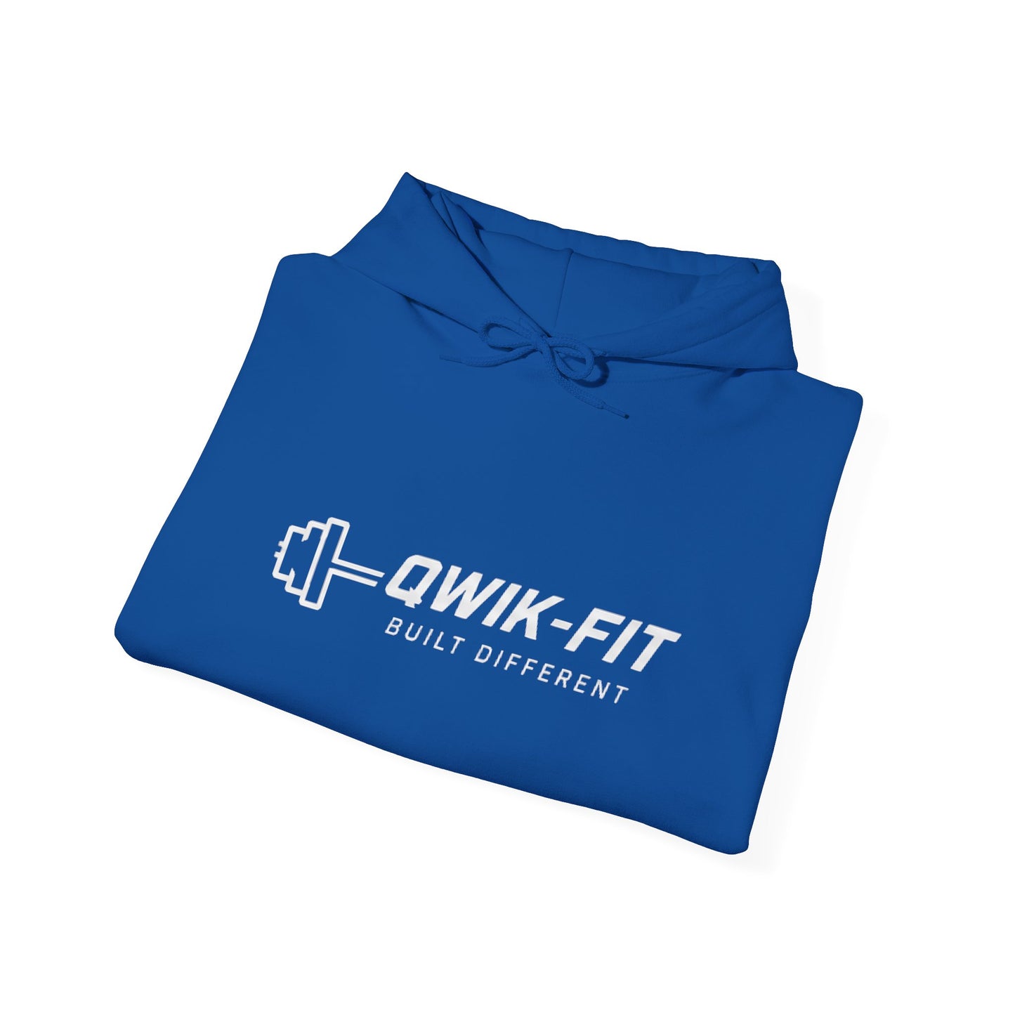 Qwik-Fit Built Different hoodie by Printify featuring logo on chest and 'No Excuses' sleeve, casual gym pullover for workouts.
