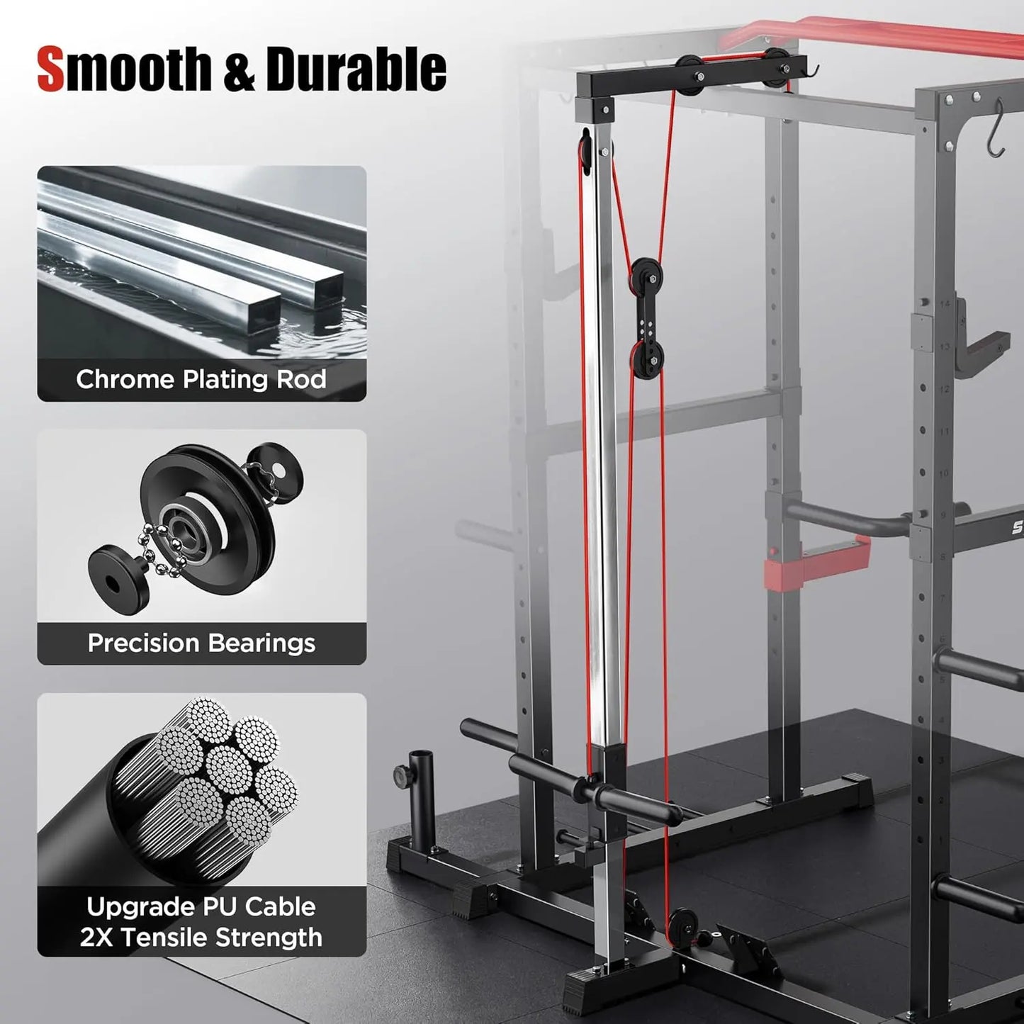 Fitness Essentials FED FITNESS Power Rack with J hooks, pulley system, and LAT pull-down for home gym strength training.