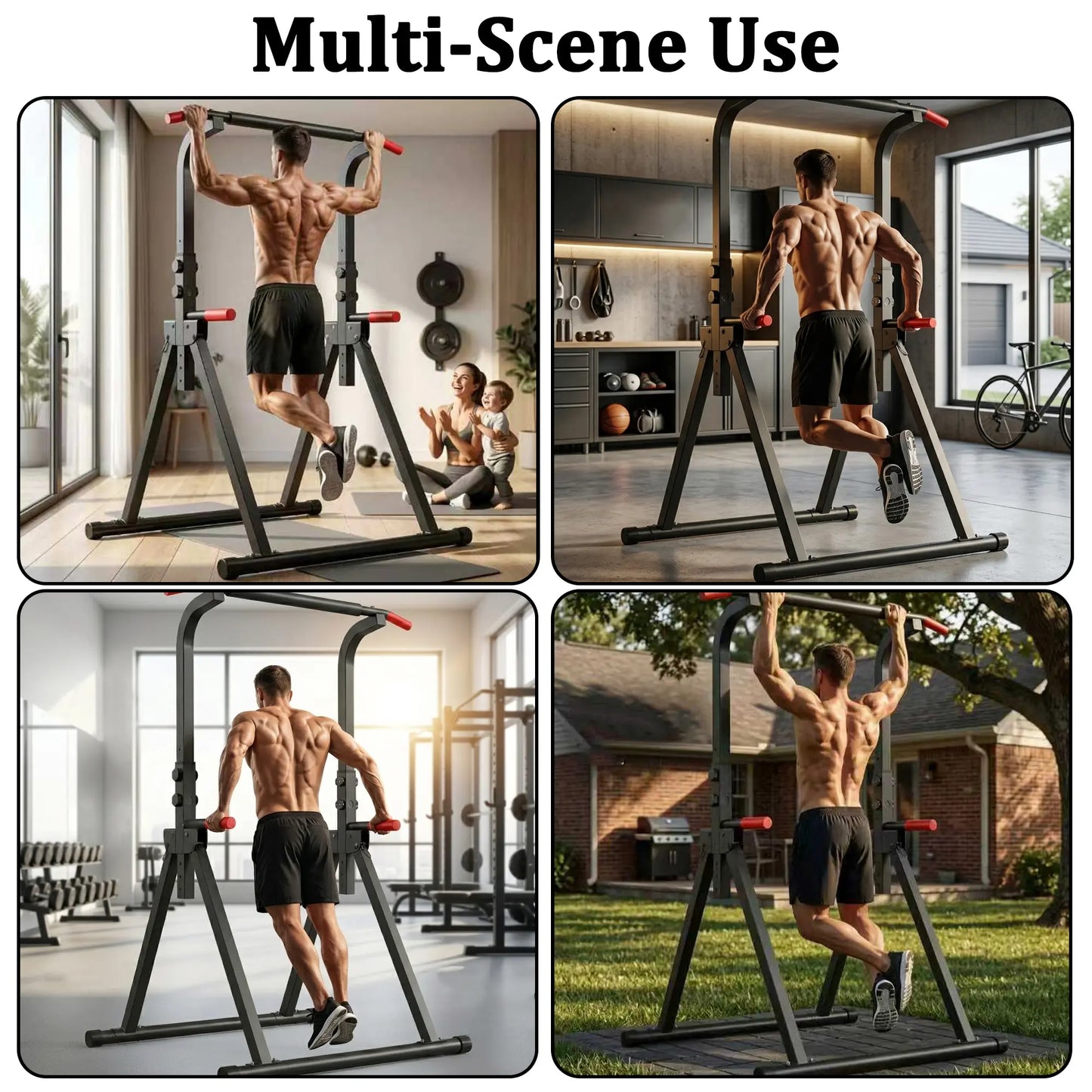 Fitness Essentials Power Tower pull-up bar with adjustable height, foldable design, heavy-duty frame, and multiple workout stations.