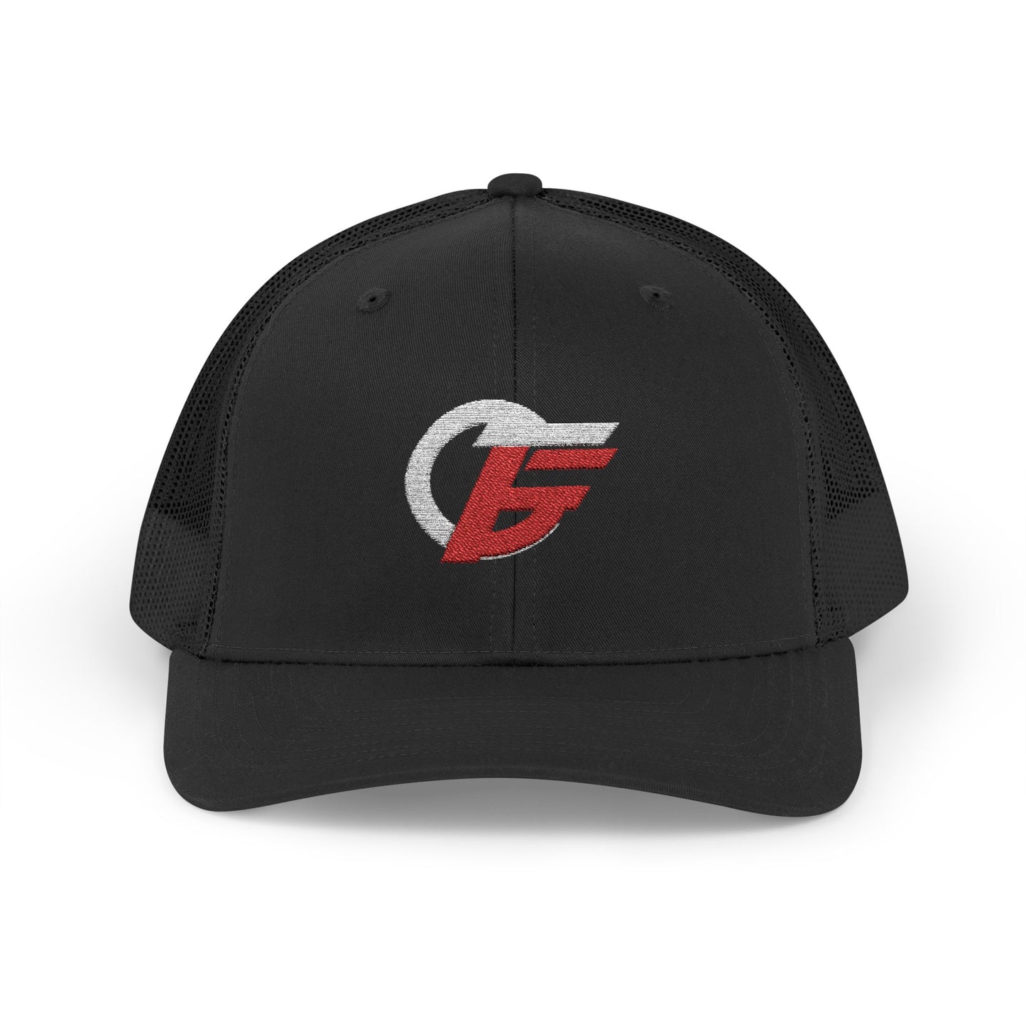 Red and white distressed emblem trucker cap with snapback closure, featuring a bold logo design, by Printify.