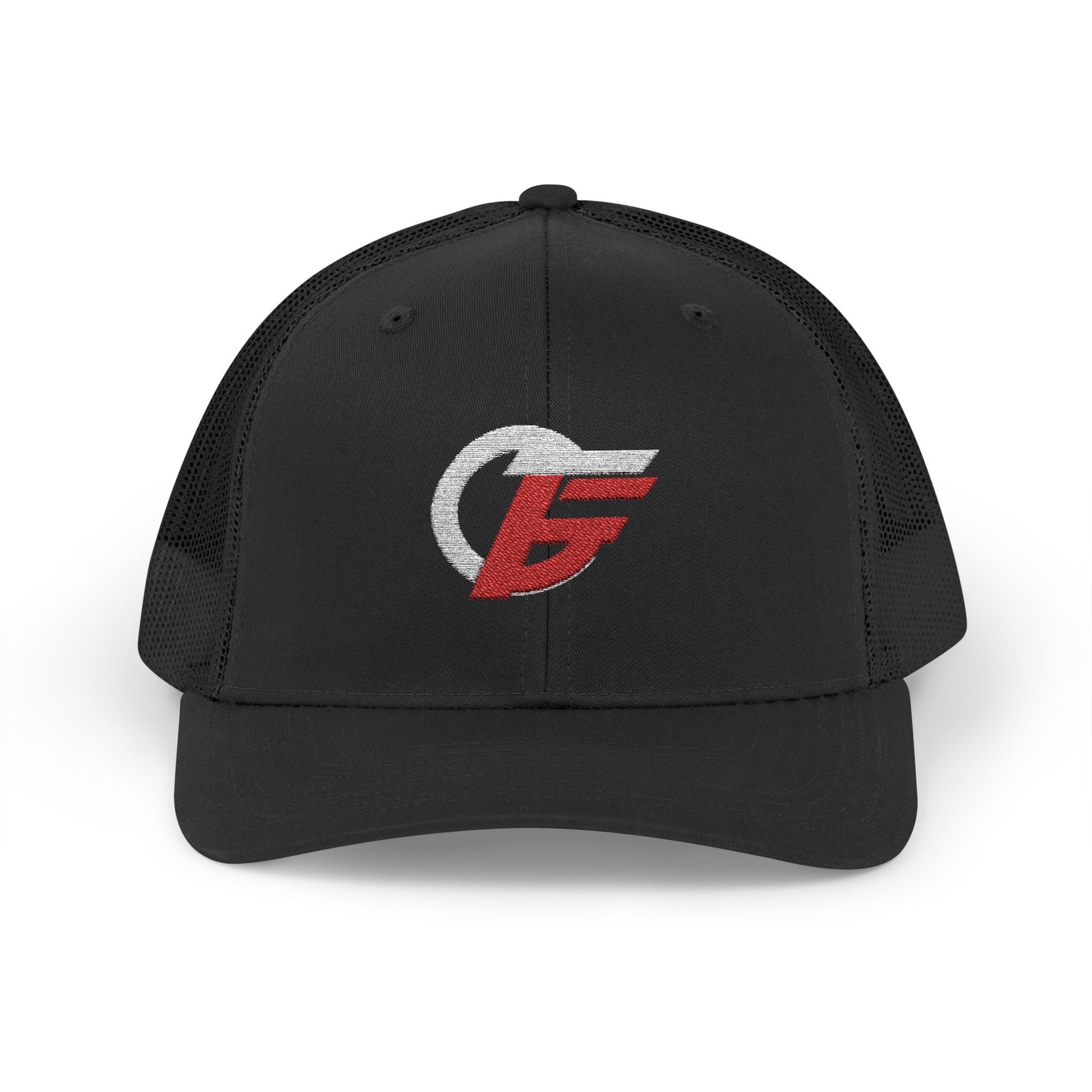 Red and white distressed emblem trucker cap with snapback closure, featuring a bold logo design, by Printify.