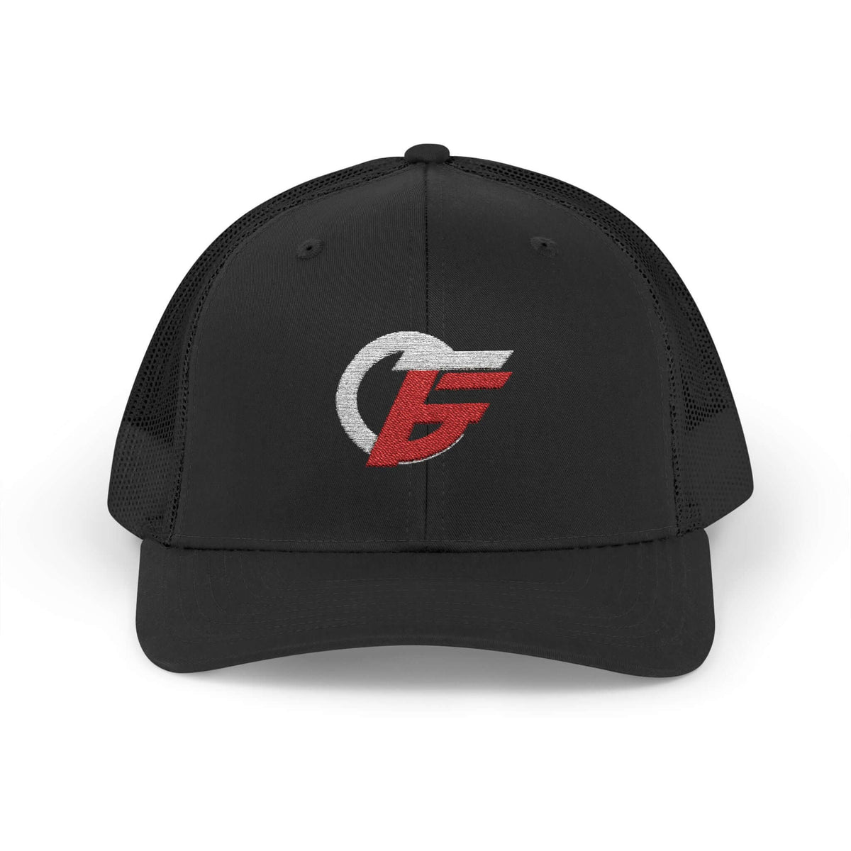 Emblem trucker cap in black featuring distressed red and white logo, perfect for workouts, gym, and active lifestyles.