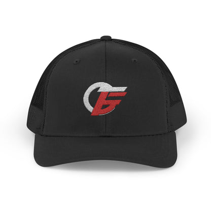 Red and white distressed emblem trucker cap with snapback closure, featuring a bold logo design, by Printify.