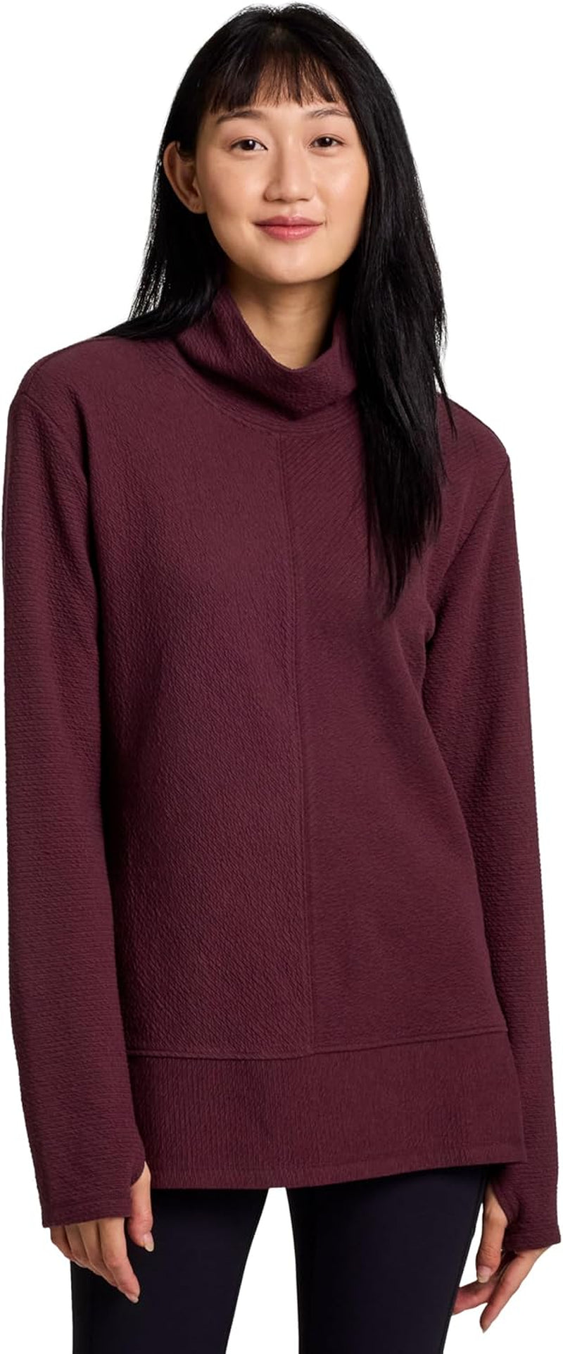RBX Active women's quilted cowl neck pullover sweater with lightweight mock neck, thumbholes, and soft, cozy fabric.