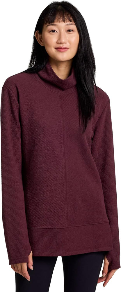 RBX Active women's quilted cowl neck pullover sweater with lightweight mock neck, thumbholes, and soft, cozy fabric.