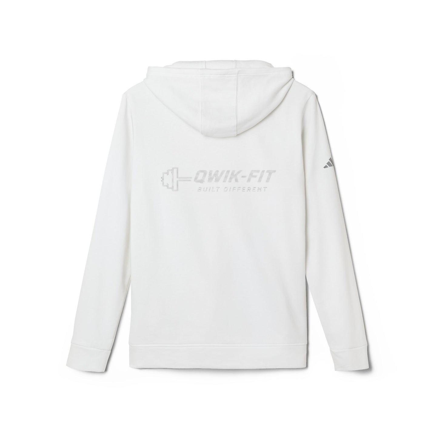 White Adidas hoodie with Qwik-Fit logo, athletic pullover style, featuring a comfortable fit and casual sportswear design.