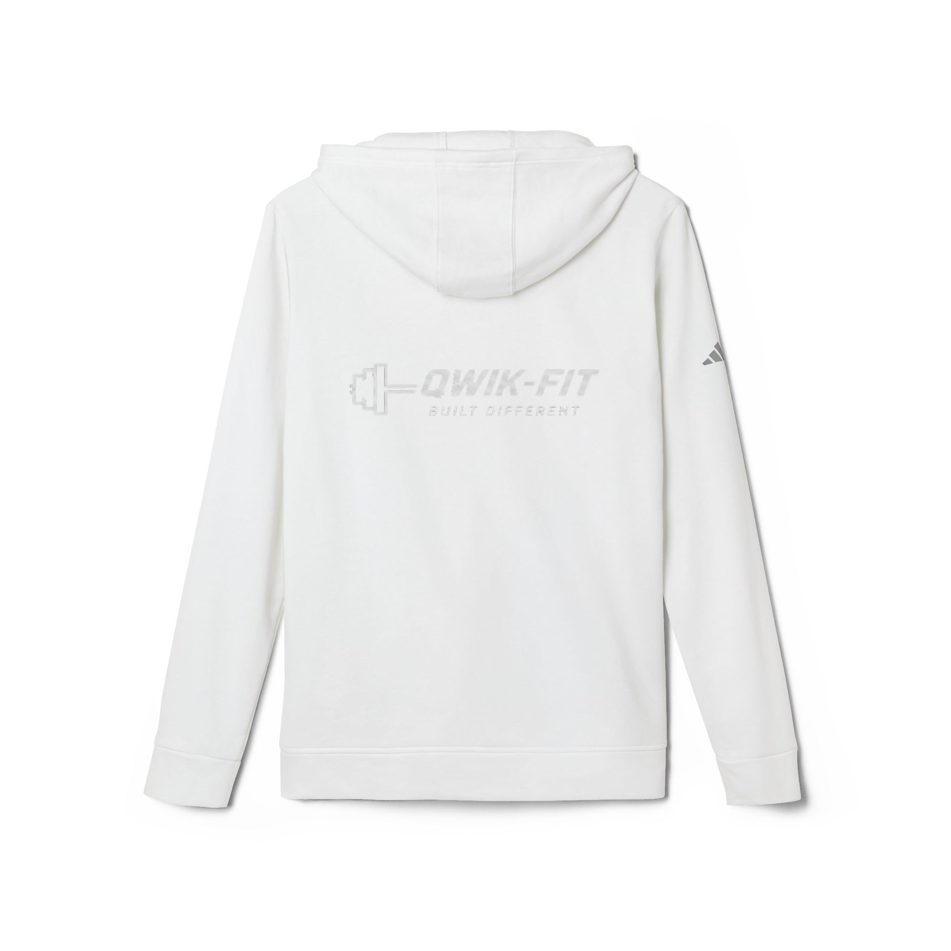 White Adidas hoodie with Qwik-Fit logo, athletic pullover style, featuring a comfortable fit and casual sportswear design.