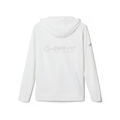 White Adidas hoodie with Qwik-Fit logo, athletic pullover style, featuring a comfortable fit and casual sportswear design.